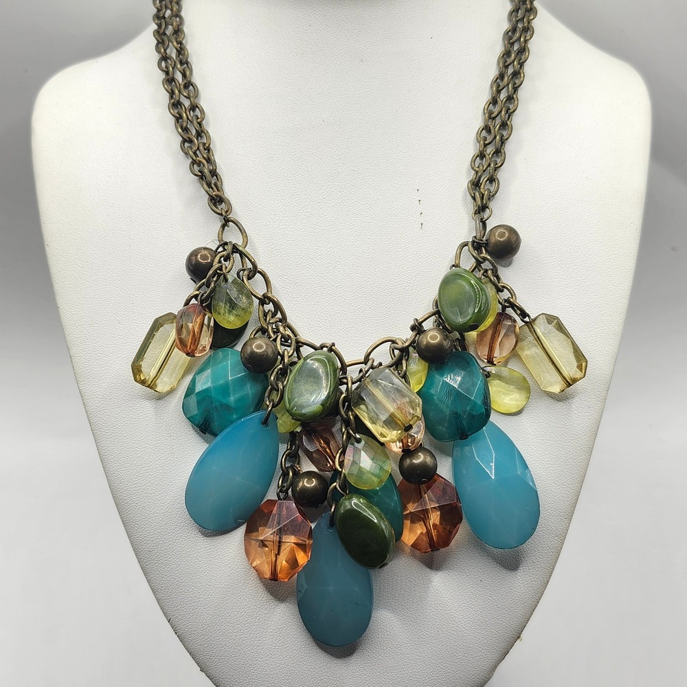 Antique Brass Multi Color‎ Beaded Cluster Statement Necklace Blue Green Amber